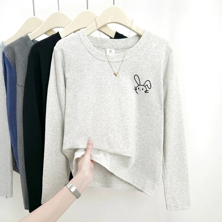 简约可爱卡通印花秋冬2025新款正肩长袖T恤女设计感百搭圆领上衣