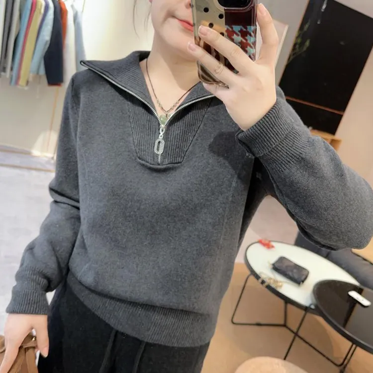 时尚2026年春秋冬新款毛衣女小个子洋气减龄翻领半拉链针织衫上衣