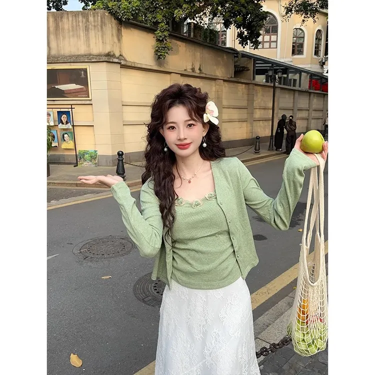 春夏少女感穿搭针织吊带开衫两件套上衣女小清新套装一整套温柔风