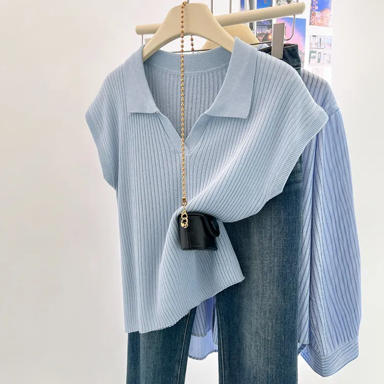 卡莲格/韩系翻领小飞袖针织衫上衣女夏季微胖mm宽松显瘦气质马甲