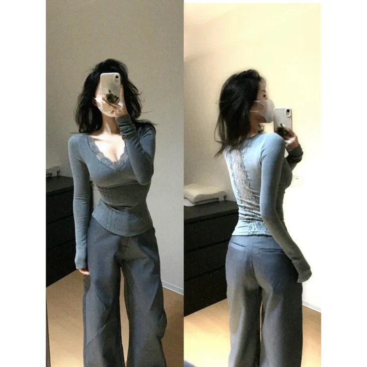 美式高级感鱼骨纹v领蕾丝拼接t恤衫女秋冬季辣妹修身显瘦长袖上衣