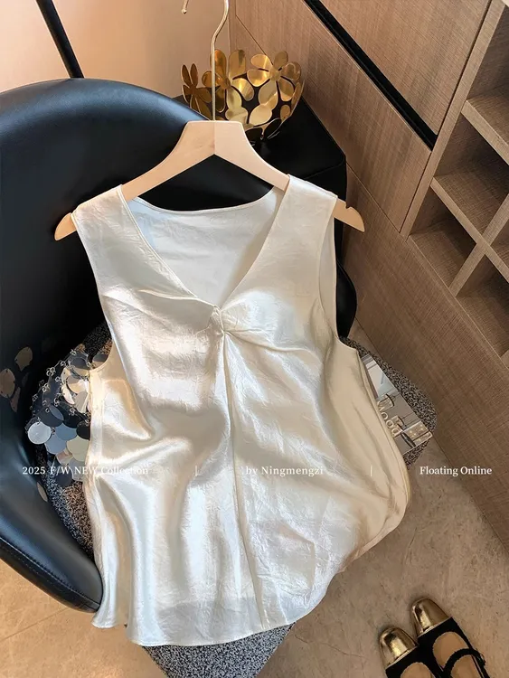法式慵懒风V领醋酸吊带背心女2025夏季无袖衬衫高级百搭气质上衣