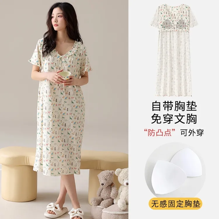 带胸垫睡裙夏季短袖女套头可爱卡通宽松凉感睡衣甜美宽松家居服