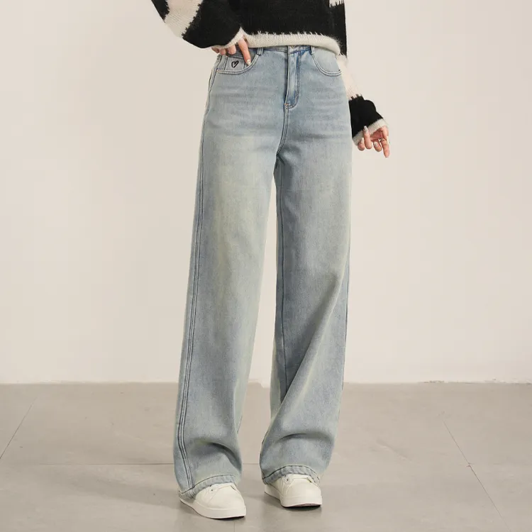 凌丹娜冬季新款浅蓝加绒加厚直筒牛仔高腰显瘦秋冬百搭新款60307