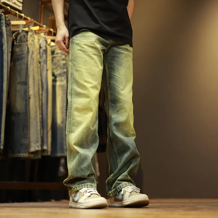 673水洗复古怀旧日系高街个性潮流宽松直筒牛仔裤