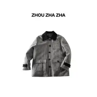 【周炸炸】全羊毛面料 复古撞色领松弛毛呢白鸭羽绒外套#531296