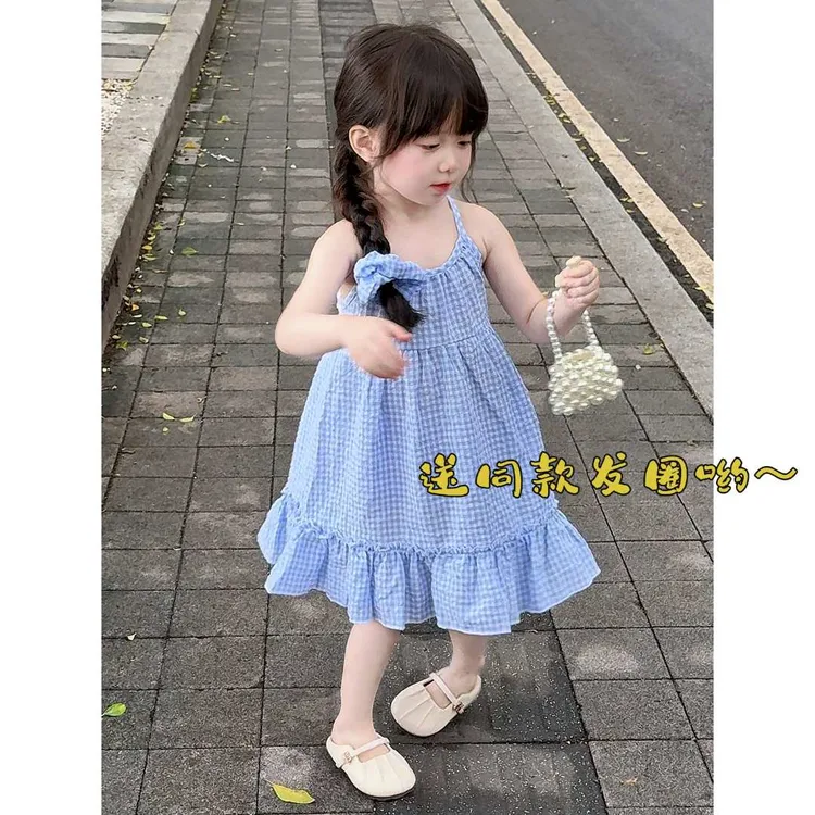 [带发圈两件套]女童夏季海边度假风蕾丝花边露背吊带裙连衣裙