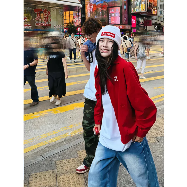 美式红色工装短款夹克男女秋季哈灵顿立领衬衫外套潮牌情侣棒球服