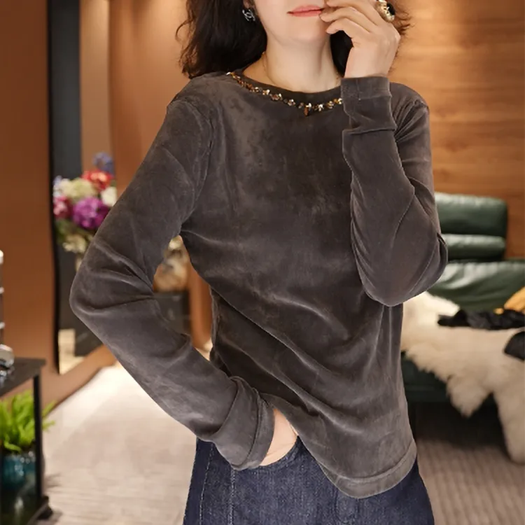 洋气减龄纯色长袖T恤女士2025秋季新款休闲简约通勤时尚圆领上衣