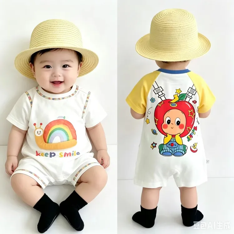 QJ【夏季】新款七彩蜗行+哆啦A梦+毛毛虫插肩婴幼套头可爱连哈衣