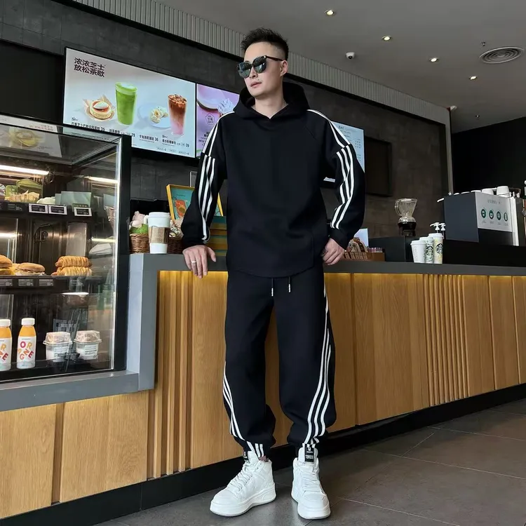 DB 男装秋季新款420g撞色三条杠连帽卫衣情侣款洋气百搭休闲套装