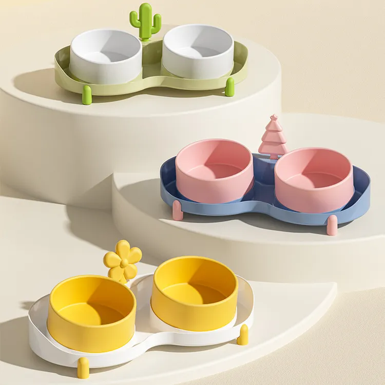 宠物碗斜口保护颈椎猫碗陶瓷猫食盆猫咪碗防打翻双碗喝水喂食一体