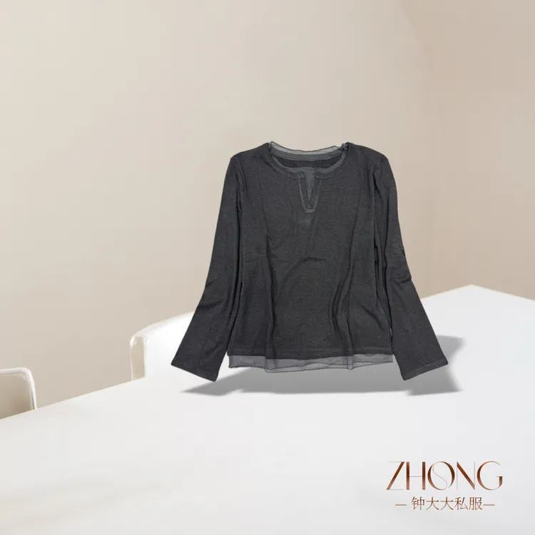 ZHONG大大【】假两件网纱拼接长袖T恤早春新款百度打底衫1105