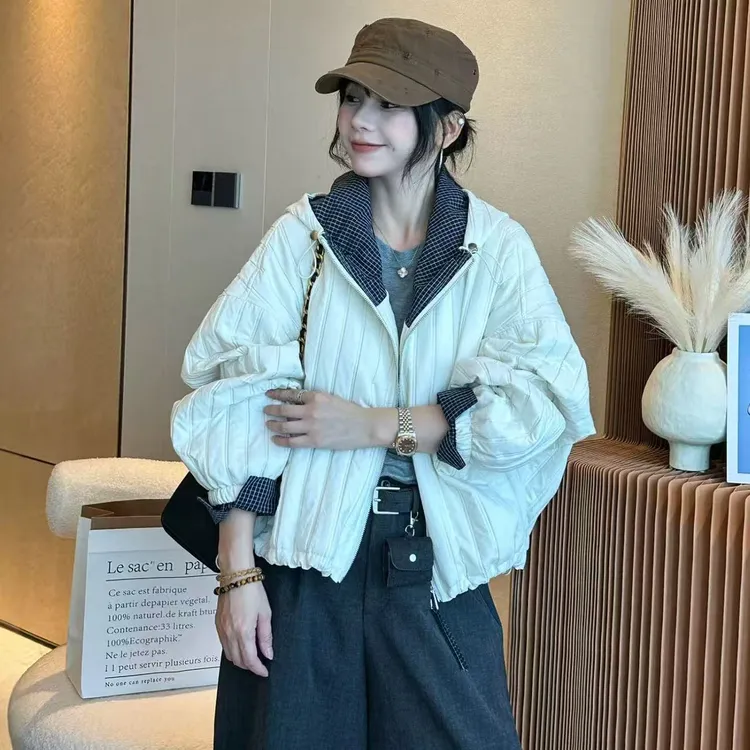 2025连帽格子拼接绗线棉服外套早冬季新款时尚百搭休闲女士