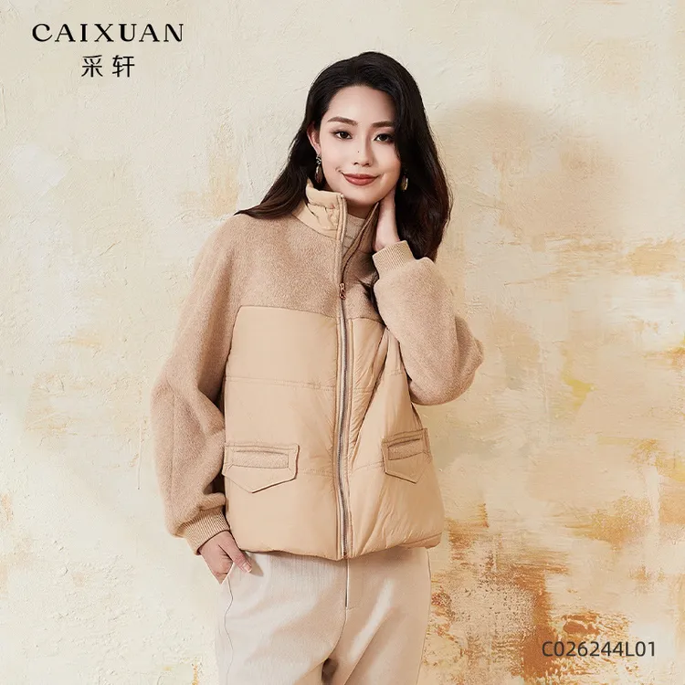 C026244L01CAIXUAN采轩毛呢混纺拼接立领棉服