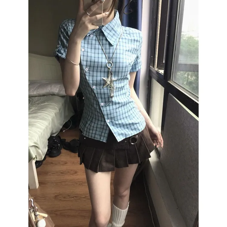 vintage古着风不规则格纹上衣百褶裙套装小众老钱风松弛感女装