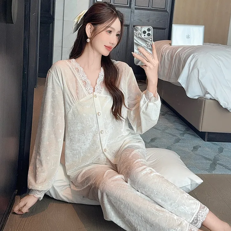 性感网红春秋冬款睡衣女2025年新款冬季长袖薄款金丝绒小v领套装