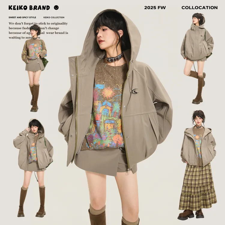 KEIKO [防水]美式复古机能风夹克外套秋季轻户外廓形连帽冲锋风衣