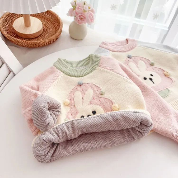 秋冬加绒加厚毛衣女童小月龄宝宝儿童上衣甜美圆领保暖针织衫百搭