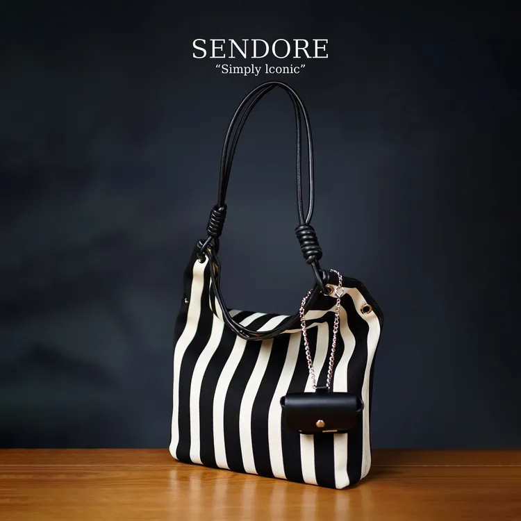 SENDORE 森岛/托特包 原创风多功能可折叠黑白条纹飞织单肩斜挎包