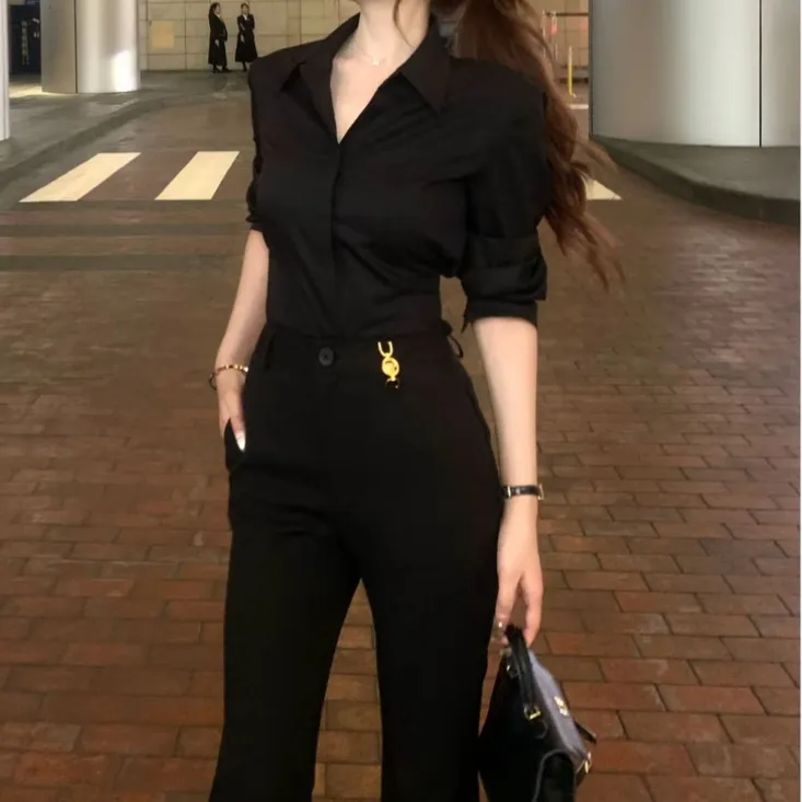 许我耀眼露思同款秋季新款气质通勤职场长袖衬衫+ 西裤直播女装