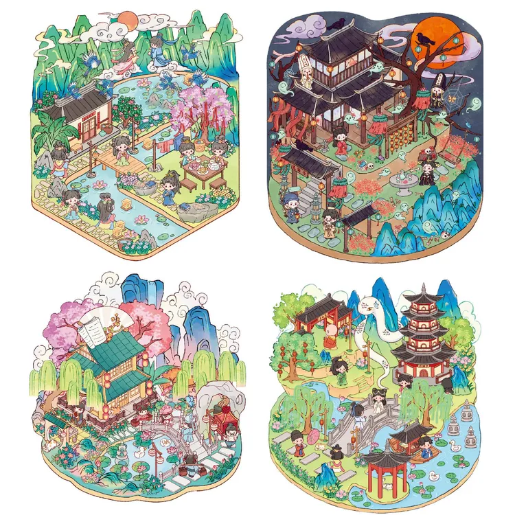 新异文化2.0国潮古风系列造景屋3D造景贴纸DIY微缩场景手账贴纸