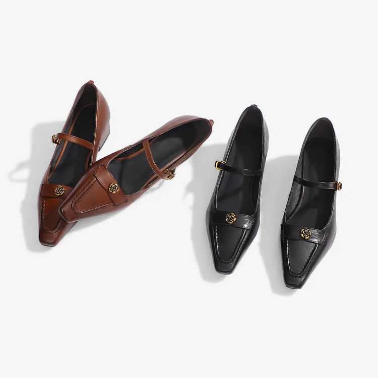 粗跟黑色浅口鞋法式高跟方头单鞋女鞋金属休闲百搭真皮复古女士