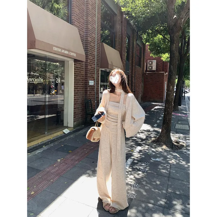 【锅包又专属】慵懒风温柔长袖毛衣外套抹胸背心女秋季针织阔腿裤