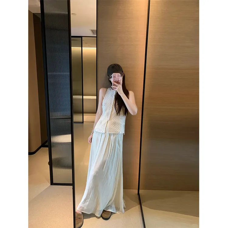 2025夏季新款韩版无袖小香风气质名媛高端白色无袖上衣裙子套装女