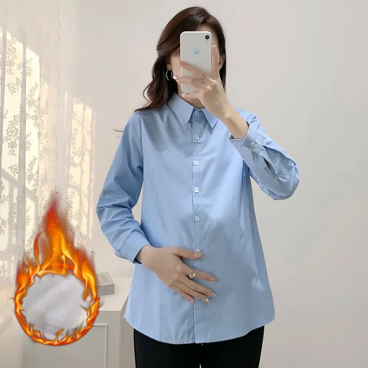 孕妇加绒衬衣长袖工作服衬衫秋冬季新款翻领职业工装百搭面试上衣