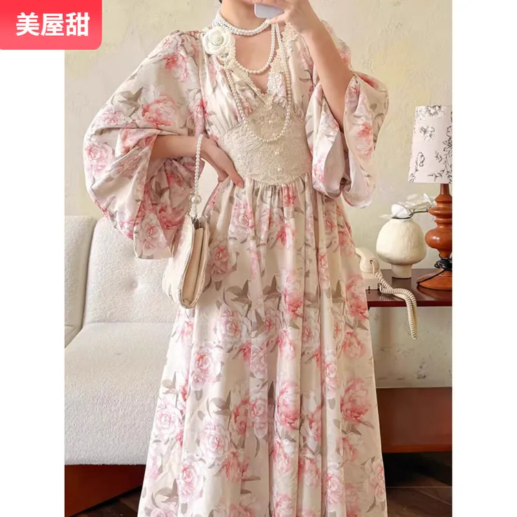 1大码女装法式复古碎花长袖连衣裙女秋季甜美气质茶歇裙长裙子I