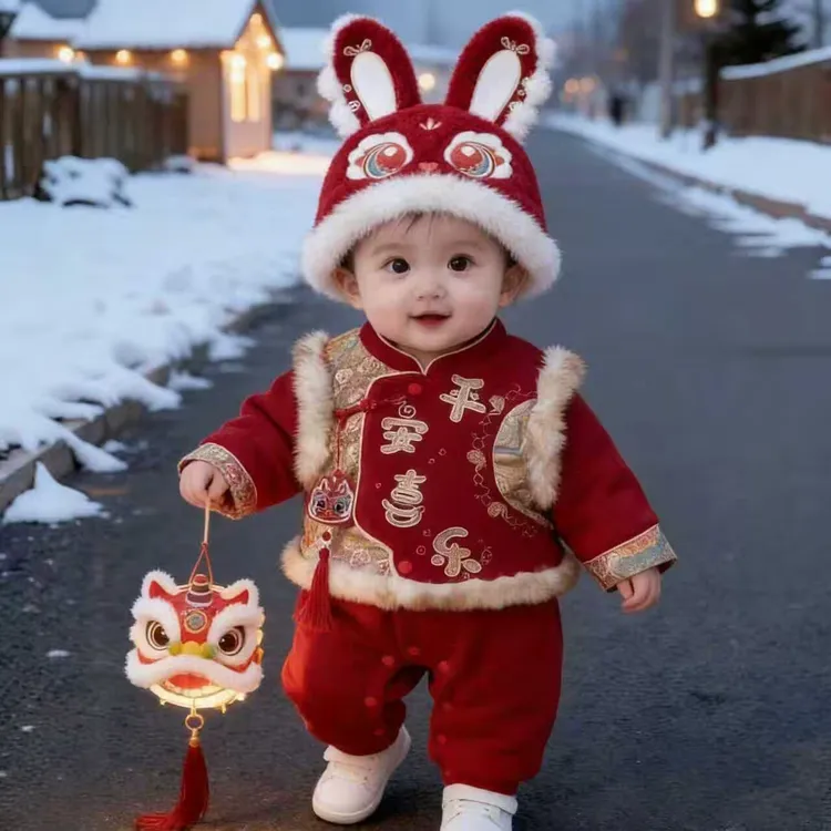 婴儿拜年服红色连体衣冬季宝宝新年装加厚哈衣过年喜庆衣服外出服