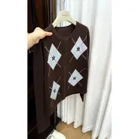 【琥珀流光风菱心】重工咖绣色花秋季针织冬季菱格格子圆领秋冬网红
