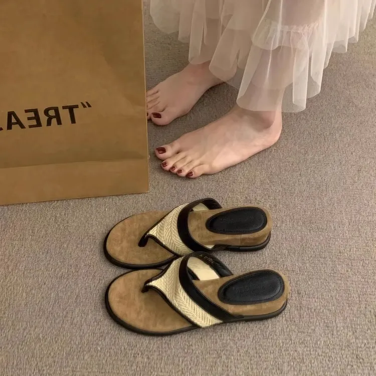 复古舒适百搭坡跟夹趾拖鞋女夏外穿罗马鞋文艺森系绝美沙滩凉拖鞋