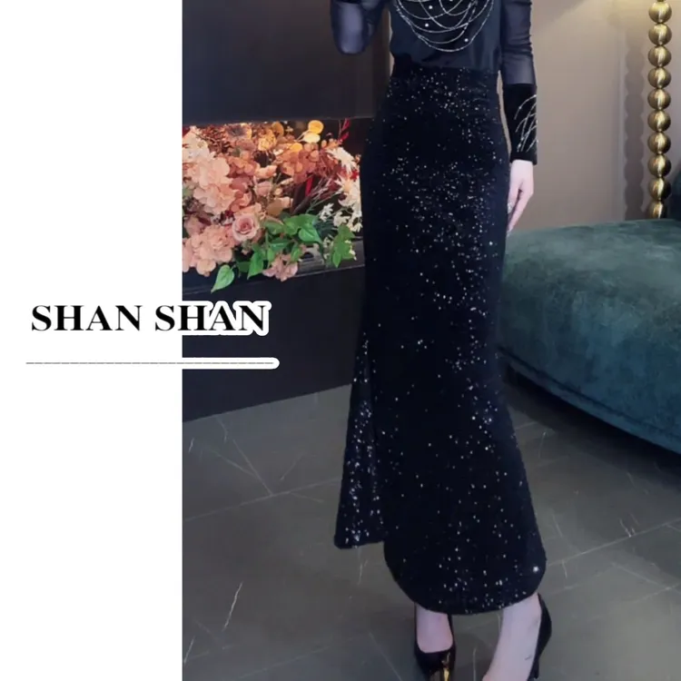 SS姗姗 秋冬新品气质轻熟风亮片设计包臀鱼尾半身裙 51070289-583