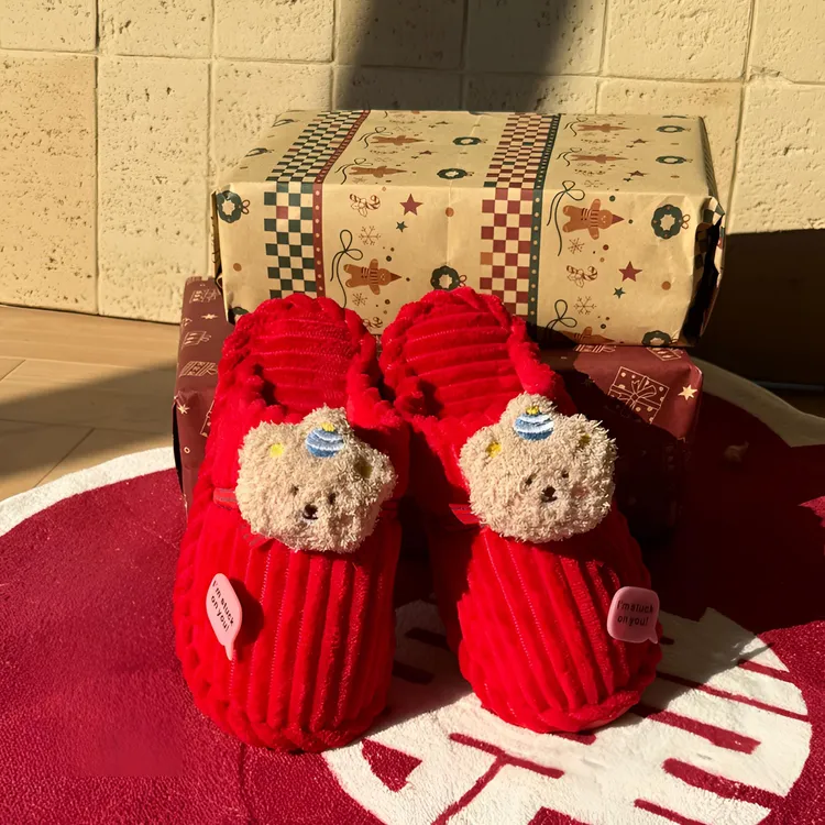 新年男女红色棉拖鞋情侣本命年马年加绒冬季结婚乔迁新居保暖拖鞋