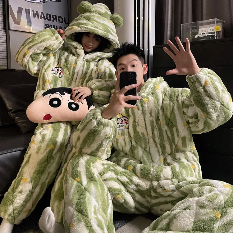 三层夹棉情侣睡衣女冬季湖南省省服珊瑚绒卡通小新男士家居服套装