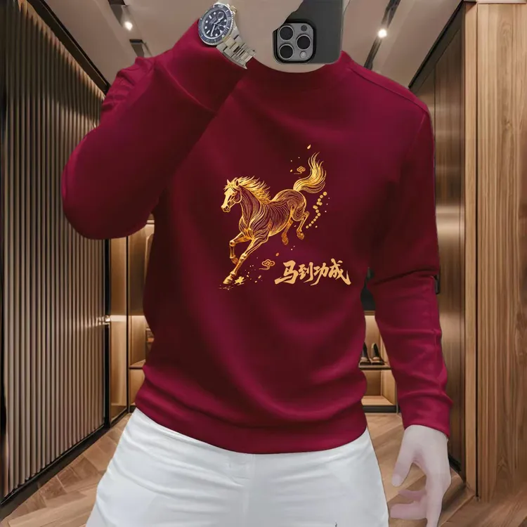 马年男士卫衣酒红色本命马到功成印花圆领加绒保暖爆款上衣百搭