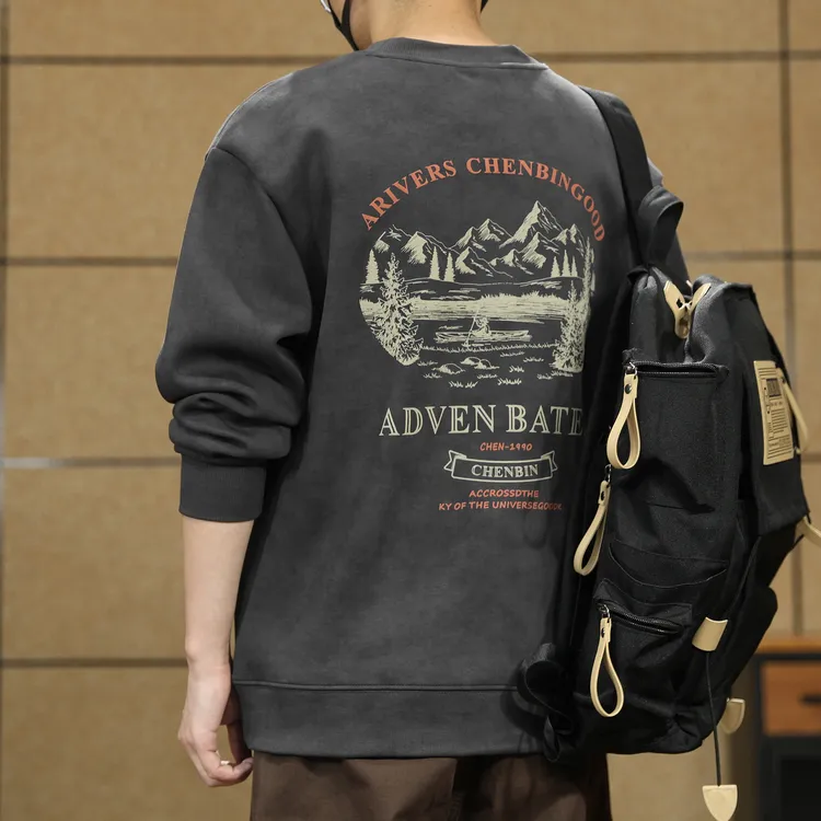 美式复古360g重磅圆领卫衣男春秋款潮牌宽松上衣男士印花体恤男款