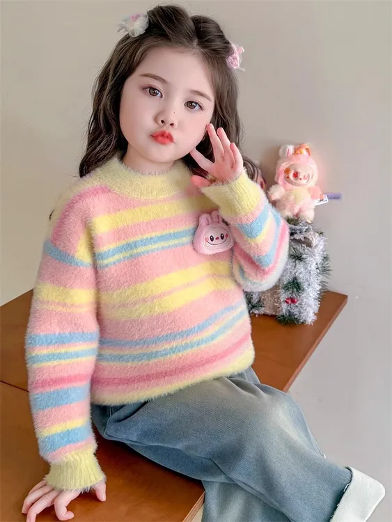 女童毛衣秋冬2025新款洋气时髦儿童加厚冬装女宝宝冬季水貂绒线衣