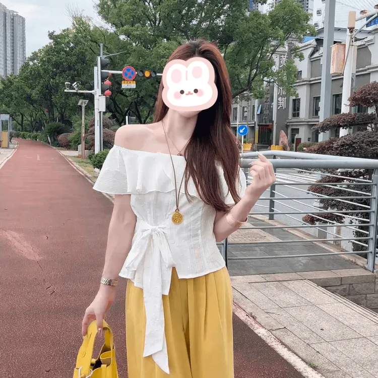 夏季新款荷叶边拼接慵懒风衬衫女+垂感纯色高腰显瘦九分阔腿裤