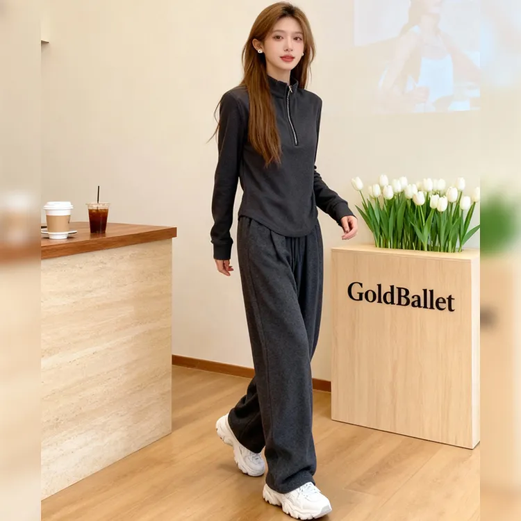 深蓝色休闲运动套装女秋冬韩系立领拉链长袖卫衣阔腿裤减龄两件套