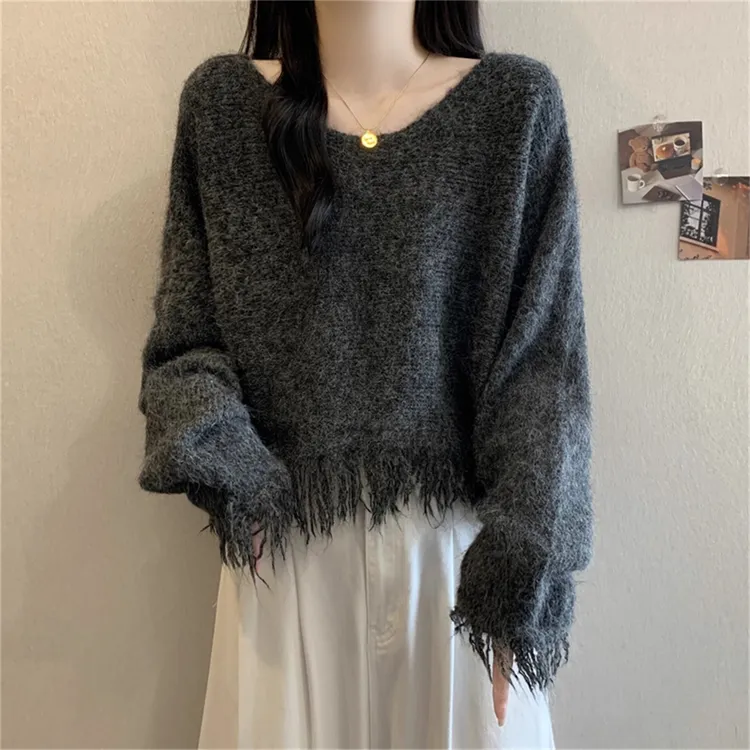 2025新款爆款灰色流苏长袖毛针织衫秋季大码胖mm显瘦百搭毛衣上衣