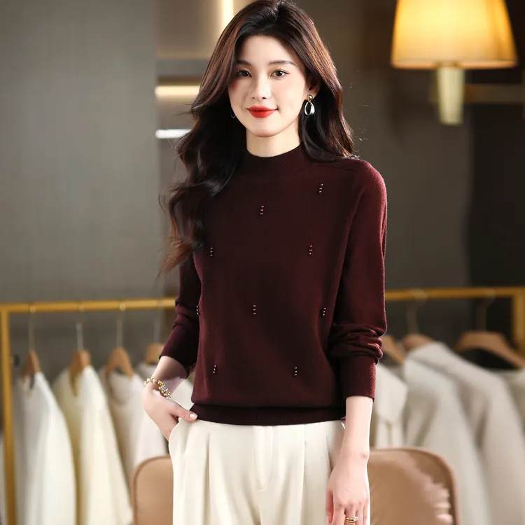 半高领针织打底衫女士2025新款秋冬洋气钉珠宽松显瘦毛衣内搭上衣