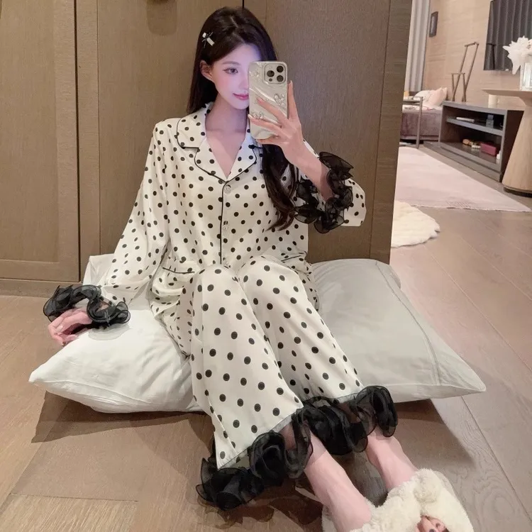 法式波点2025新款蕾丝睡衣女春秋冰丝短袖长袖长裤可外穿家居服