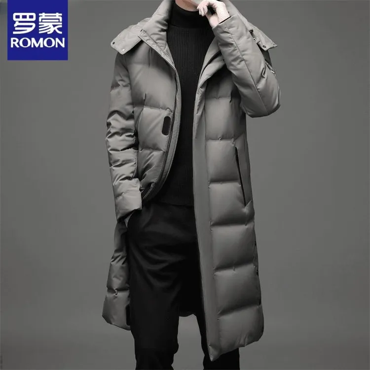 罗蒙冬季保暖棉服男士长款过膝加厚连帽羽丝外套保暖时尚中长款袄