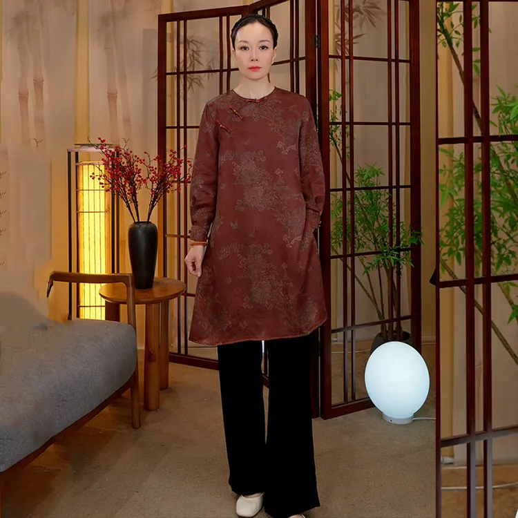 红云纱100%桑蚕丝旗袍裙新中式长袖连衣裙国风提花中长款重磅女装