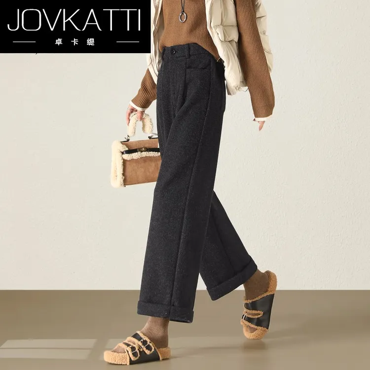 深灰色毛呢直筒裤女冬季2025新款宽松小个子九分加厚休闲阔腿裤子