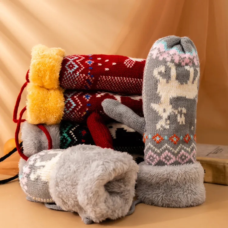 露一指手套女士冬季学生卡通包指针织毛线挂脖加绒加厚保暖骑行