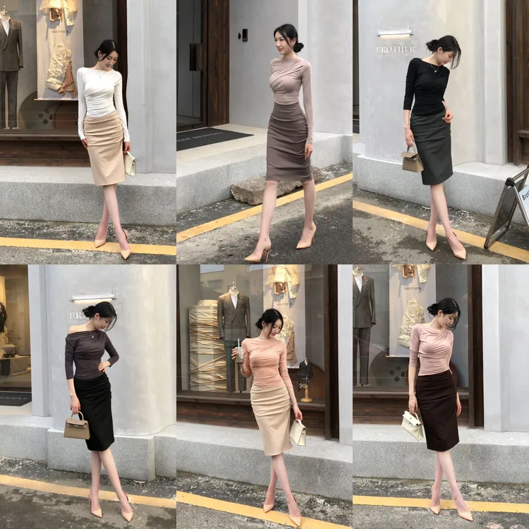 希野逸儿/韩版定制“韩漫女"基础通勤纯色褶皱包裙设计感半身裙女